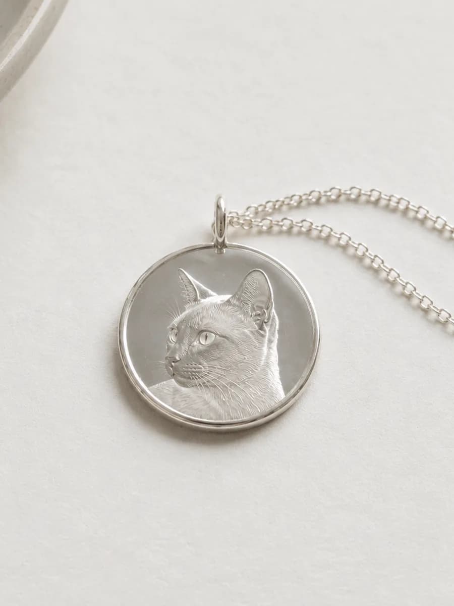 Silver pendant engraved with a cat's portrait, beside a pale ceramic dish