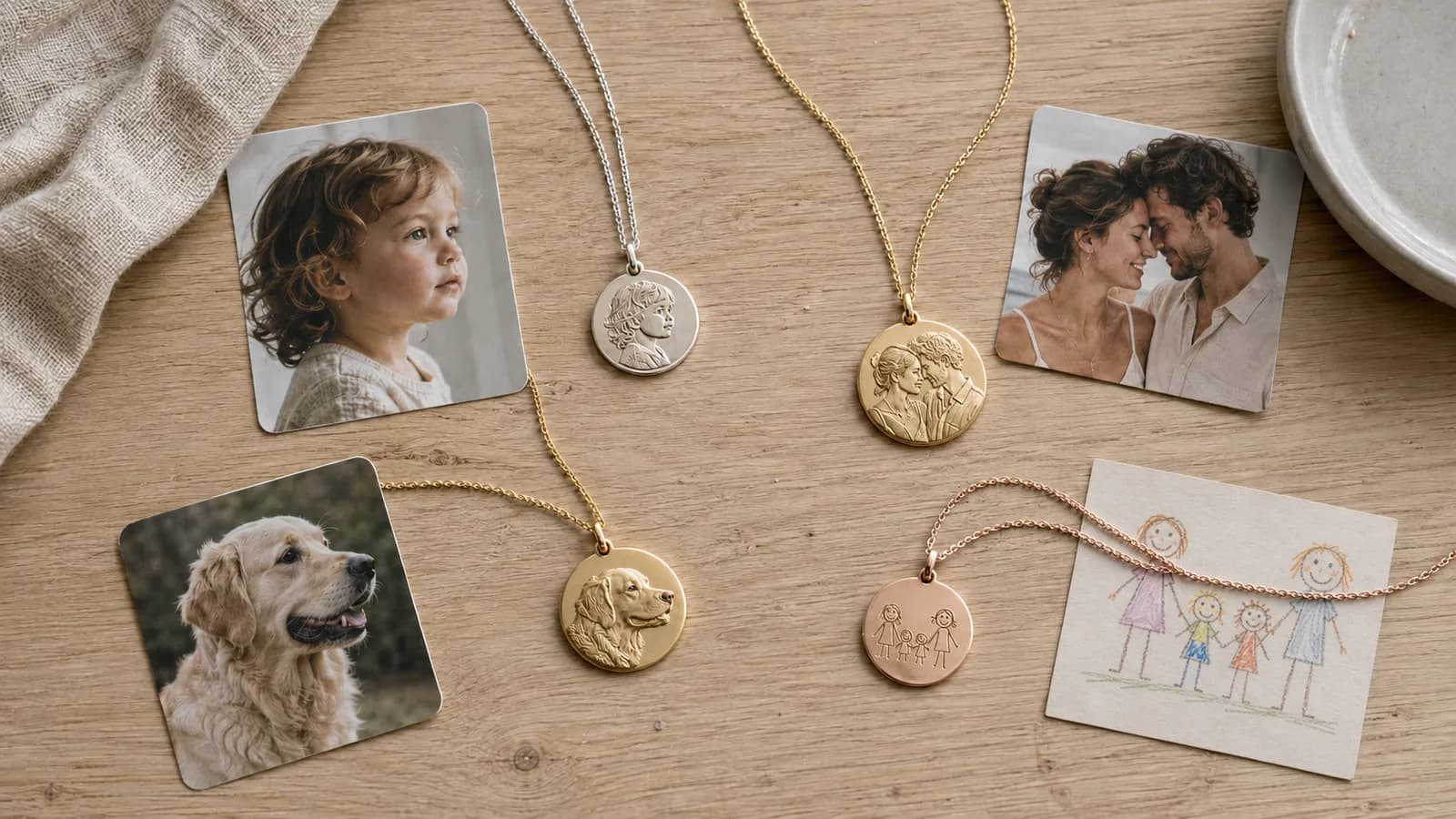 Five engraved pendants in silver, gold and rose gold vermeil laid out on oak beside the photographs and the child's drawing they were made from